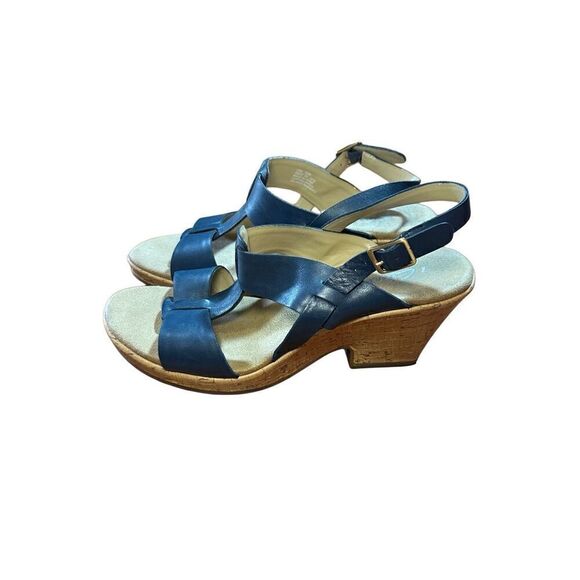 CLARKS Womens Size 10 Blue Cork Wedge Platform Leather Sandals Shoes Comfortable - Picture 8 of 13